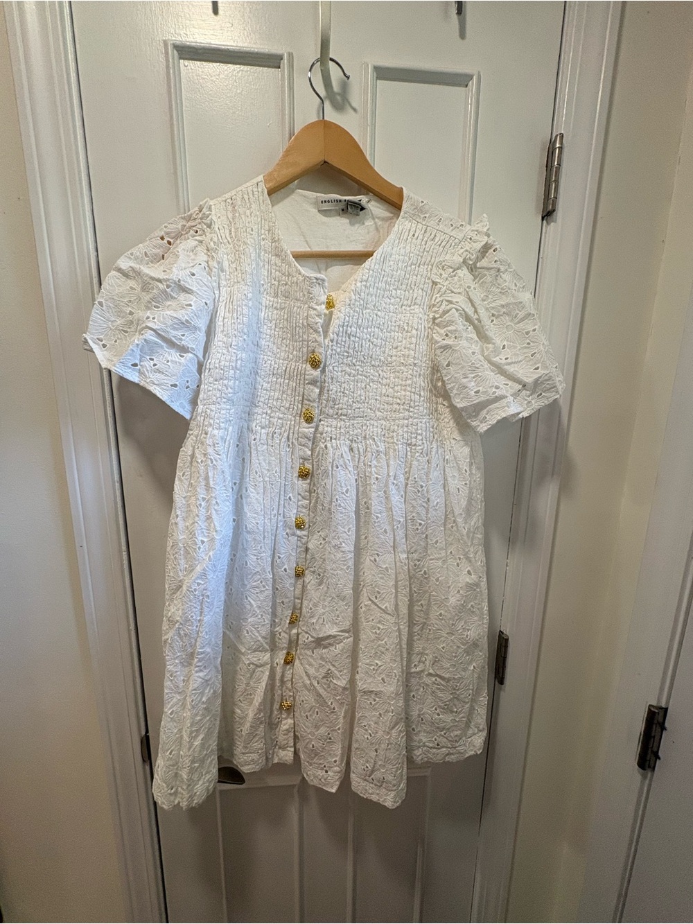 English Factory White Eyelet Button-Front Mini Dress with Gold Buttons